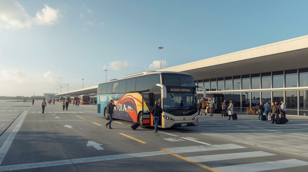 Autocar de tourisme stationné devant un terminal de l'aéroport de Roissy-Charles de Gaulle pour la prise en charge d'un groupe
