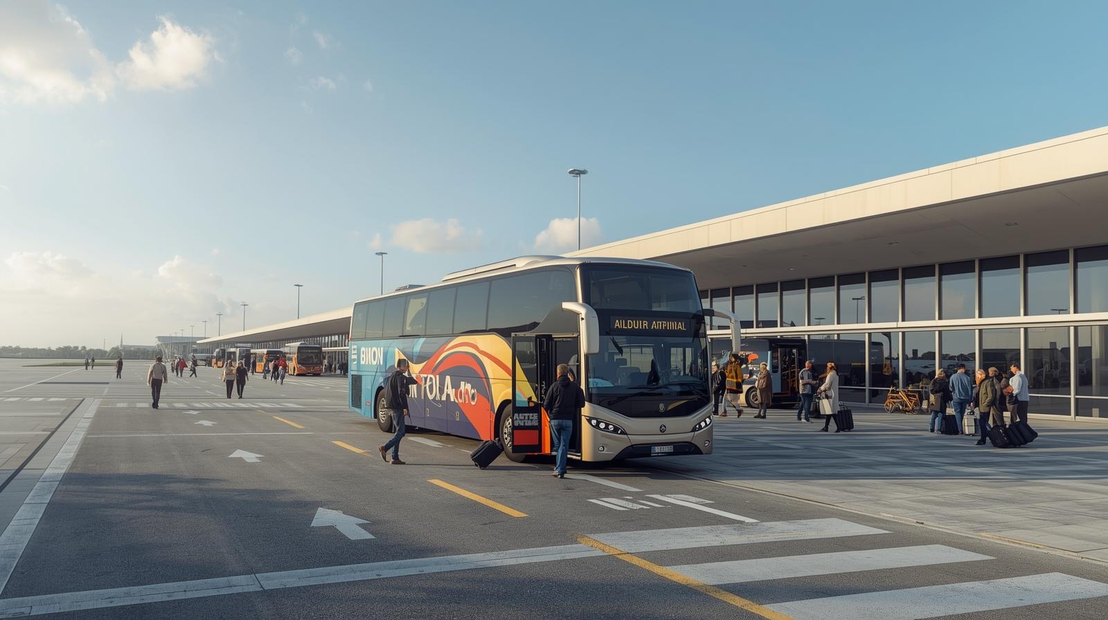 Group coach waiting at the arrivals terminal of Paris Roissy Charles de Gaulle airport