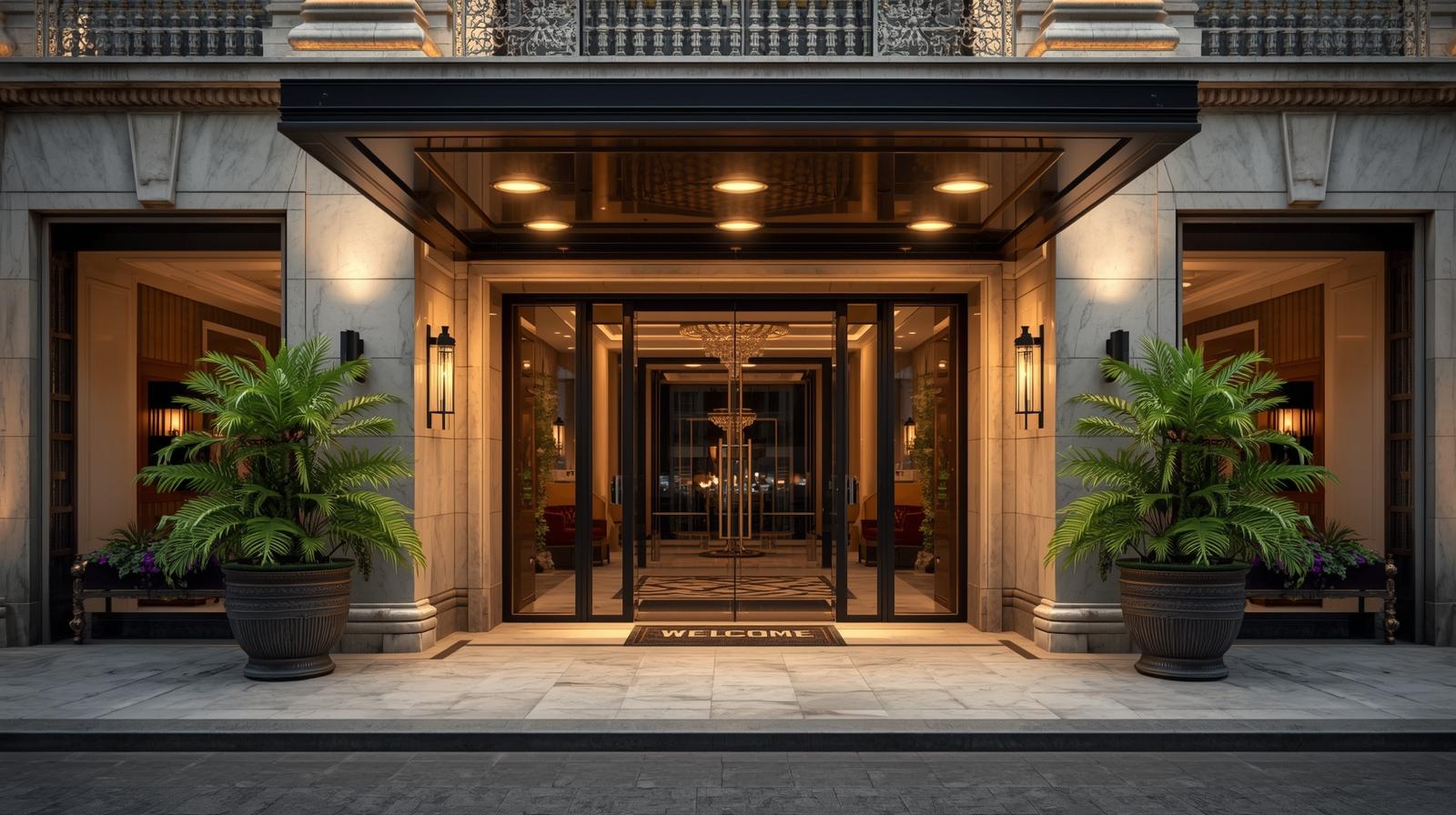Entrée d'un hôtel parisien où un autocar dépose un groupe de voyageurs